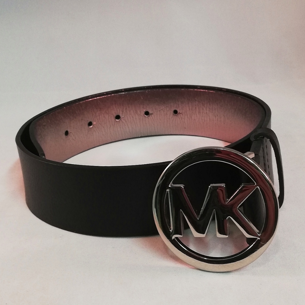 Michael Kors Black Leather Circle MK Logo Silver